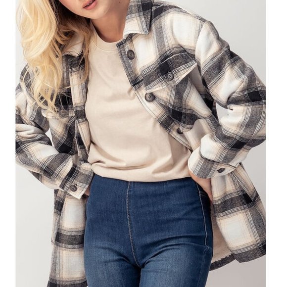 Sherpa Lined Plaid Flannel Shirt Jacket Shacket - Picture 5 of 9